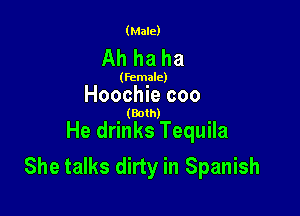 (Male)

Ah ha ha

(female)

Hoochie coo

(Both)

He drinks Tequila
She talks dirty in Spanish