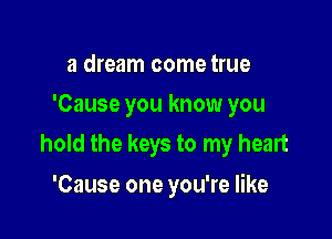 a dream come true
'Cause you know you

hold the keys to my heart

'Cause one you're like