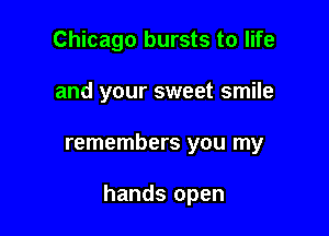 Chicago bursts to life
and your sweet smile

remembers you my

hands open