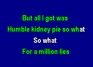 But all I got was

Humble kidney pie so what

So what
For a million lies