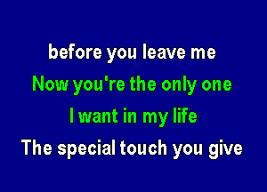 before you leave me
Now you're the only one
lwant in my life

The special touch you give