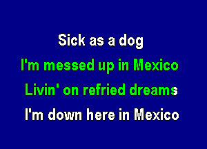 Sick as a dog

I'm messed up in Mexico

Livin' on refried dreams
I'm down here in Mexico