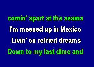 comin' apart at the seams
I'm messed up in Mexico
Livin' on refried dreams

Down to my last dime and