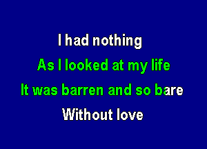 Ihad nothing

As I looked at my life

It was barren and so bare
Without love