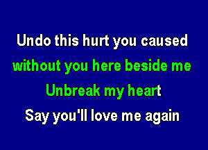 Undo this hurt you caused
without you here beside me
Unbreak my heart

Say you'll love me again