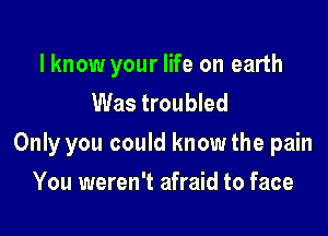 I know your life on earth
Was troubled

Only you could know the pain

You weren't afraid to face