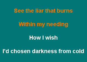 See the liar that burns

Within my needing

How I wish

I'd chosen darkness from cold