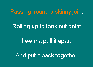 Passing 'round a skinnyjoint
Rolling up to look out point

I wanna pull it apart

And put it back together