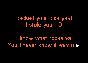 I picked your lock yeah
I stole your ID

I know what rocks ya
You Il never know it was me