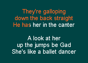 They're galloping
down the back straight
He has her in the canter

A look at her
up the jumps be Gad

She's like a ballet dancer l