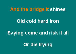 And the bridge it shines

Old cold hard iron

Saying come and risk it all

Or die trying