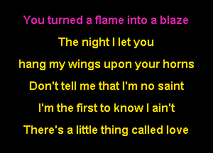 You turned a flame into a blaze
The night I let you
hang my wings upon your horns
Don't tell me that I'm no saint
I'm the first to know I ain't

There's a little thing called love