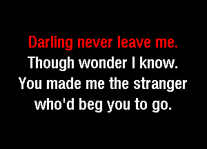 Darling never leave me.
Though wonder I know.

You made me the stranger
who'd beg you to go.