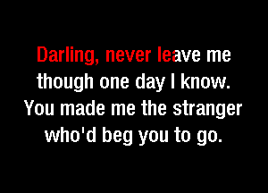 Darling, never leave me
though one day I know.

You made me the stranger
who'd beg you to go.