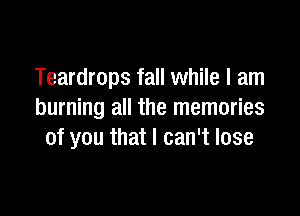 Teardrops fall while I am

burning all the memories
of you that I can't lose