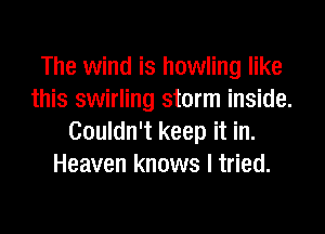 The wind is howling like
this swirling storm inside.
Couldn't keep it in.
Heaven knows I tried.