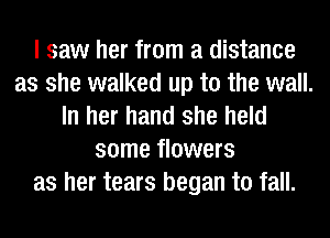 I saw her from a distance
as she walked up to the wall.
In her hand she held
some flowers
as her tears began to fall.