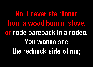 No, I never ate dinner
from a wood burnin' stove,
or rode bareback in a rodeo.

You wanna see
the redneck side of ma