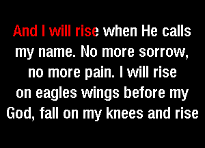 And I will rise when He calls
my name. No more sorrow,
no more pain. I will rise
on eagles wings before my
God, fall on my knees and rise