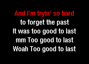 And I'm tryin' so hard
to forget the past
It was too good to last
mm Too good to last
Woah Too good to last