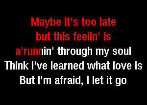 Maybe it's too late
but this feelin' is
a'runnin' through my soul
Think I've learned what love is
But I'm afraid, I let it go