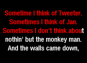 Sometime I think of Tweeter.
Sometimes I think of Jan.
Sometimes I don't think about
nothin' but the monkey man.
And the walls came down,