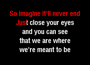 So imagine it'll never end
Just close your eyes
and you can see

that we are where
we're meant to be