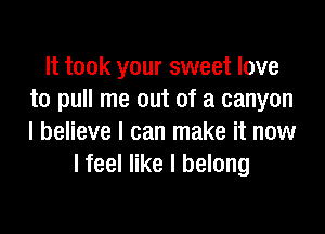 It took your sweet love
to pull me out of a canyon

I believe I can make it now
I feel like I belong