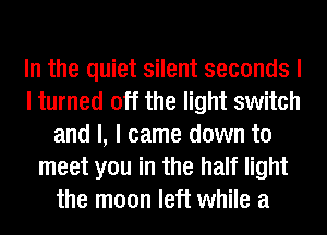 In the quiet silent seconds I
I turned off the light switch
and I, I came down to
meet you in the half light
the moon left while a