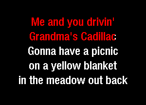 Me and you drivin'
Grandma's Cadillac
Gonna have a picnic
on a yellow blanket

in the meadow out back