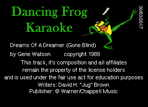 Dancing Frog 4
Karaoke

Dreams Of A Dreamer (Gone Blind)

AlOZJSOIOS

by Gene Watson copyright 1988

This track, it's composition and all affiliates
remain the property of the license holders
and is used under the fair use act for education purposes

WriterSi David H. Jug Brown
Publisheri (Q WarnerfChappell Music