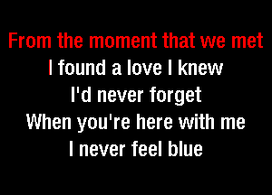 From the moment that we met
I found a love I knew
I'd never forget
When you're here with me
I never feel blue