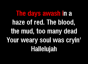 The days awash in a
haze of red. The blood,
the mud, too many dead

Your weary soul was cryin'
Hallelujah