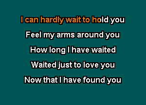 I can hardly wait to hold you
Feel my arms around you
How long I have waited

Waited just to love you

Nowthatl have found you