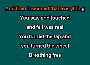 And then it seemed that everything
You saw and touched

and felt was real

You turned the tap and

you turned the wheel

Breathing free