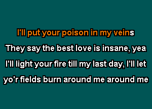 I'll put your poison in my veins
They say the best love is insane, yea
I'll light your the till my last day, I'll let

yo'r f'lelds burn around me around me