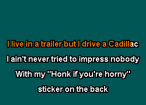 I live in a trailer but I drive a Cadillac
I ain't never tried to impress nobody
With my Honk ifyou're horny

sticker on the back