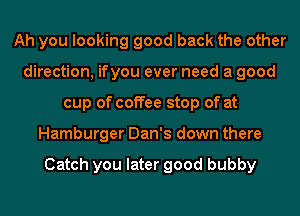 Ah you looking good back the other
direction, ifyou ever need a good
cup of coffee stop of at
Hamburger Dan's down there

Catch you later good bubby