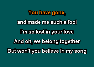 You have gone,
and made me such a fool
I'm so lost in your love

And oh, we belong together

But won't you believe in my song