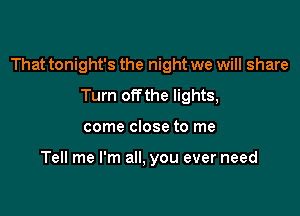 That tonight's the night we will share

Turn offthe lights,
come close to me

Tell me I'm all, you ever need