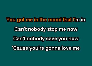 You got me in the mood that I'm in

Can't nobody stop me now

Can't nobody save you now

'Cause you're gonna love me