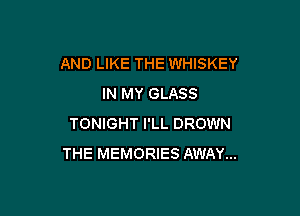 AND LIKE THE WHISKEY
IN MY GLASS

TONIGHT I'LL DROWN
THE MEMORIES AWAY...