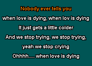 Nobody ever tells you
when love is dying, when low is dying
ltjust gets a little colder
And we stop trying, we stop trying,
yeah we stop crying
Ohhhh ..... when love is dying