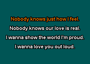 Nobody knows just how I feel.

Nobody knows our love is real.

lwanna show the world I'm proud.

lwanna love you out loud.