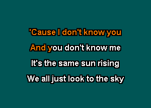 'Cause I don't know you
And you don't know me

It's the same sun rising

We alljust look to the sky