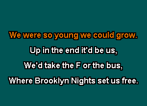 We were so young we could grow.
Up in the end it'd be us,
We'd take the F orthe bus,

Where Brooklyn Nights set us free.