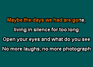 Maybe the days we had are gone,
living in silence for too long
Open your eyes and what do you see

No more laughs, no more photograph