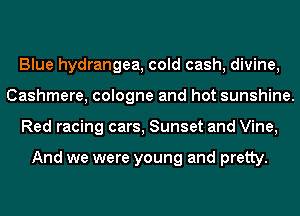 Blue hydrangea, cold cash, divine,
Cashmere, cologne and hot sunshine.
Red racing cars, Sunset and Vine,

And we were young and pretty.