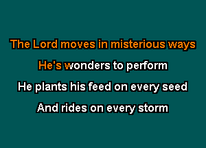 The Lord moves in misterious ways

He's wonders to perform

He plants his feed on every seed

And rides on every storm