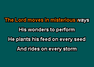 The Lord moves in misterious ways

His wonders to perform

He plants his feed on every seed

And rides on every storm